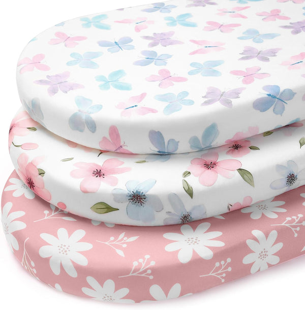 Baby Bassinet Sheets Girl, 3 Pack Fitted Bassinet Mattress Sheets, Compatible with