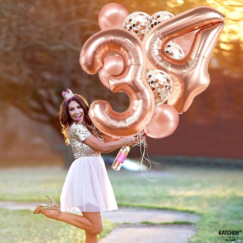 KatchOn Rose Gold 34 Balloon Set, 40 Inch, 34th Birthday Decorations for Women with Confetti Balloons