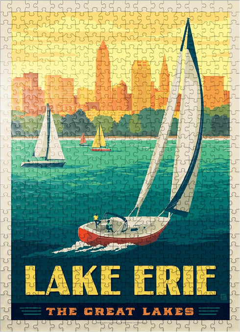 MyPuzzle Great Lakes: Lake Erie, Vintage Poster - Premium 500 Piece Jigsaw Puzzle for Adults