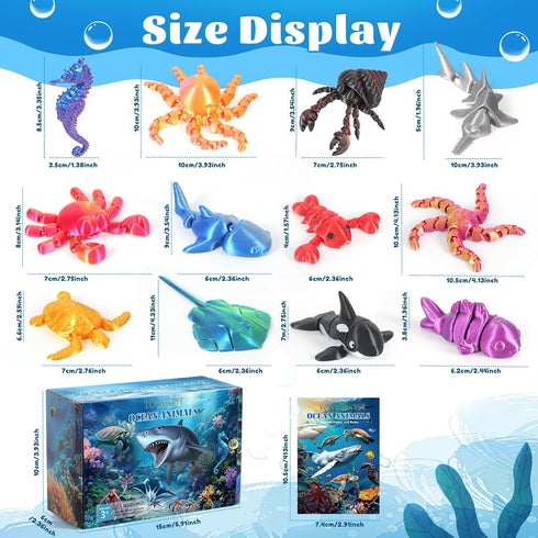 12 Pack 3D 3 4 5 6 7 8, Printed Animal Toys, Desk Pets Sea Animal Toys with Educational Booklet for Kids Age Ocean
