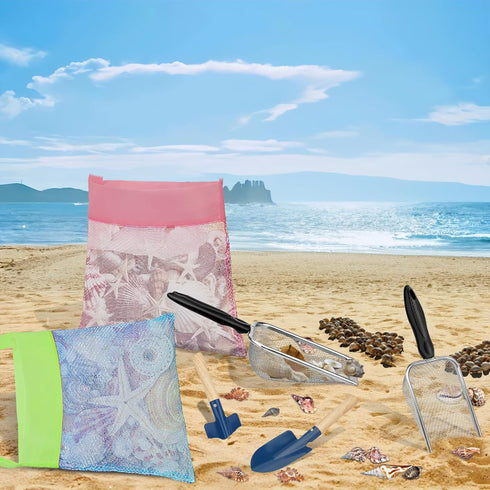 Mototo 12 Pack Beach Toys - 4 Beach Mesh Shovels, 4 Seashell Bags, 4 Small Shark Tooth Sifters for Adults & Kids