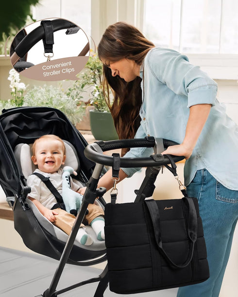 15.6inch LOVEVOOK Diaper Bag Tote, Puffer Baby Diaper Bag Waterproof Travel Diaper Tote with Changing Pad Pacifier Case