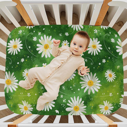 Pigsaly 27x39 Inch Crib Sheets Watercolor White Daisies Green Baby Sheet for Standard Crib Mattress Boys Girls Toddler