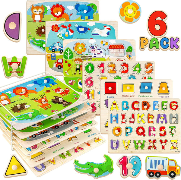 Attmu Wooden Puzzles for Toddlers, 6 Pcs Alphabet Puzzle ABC Shape Number