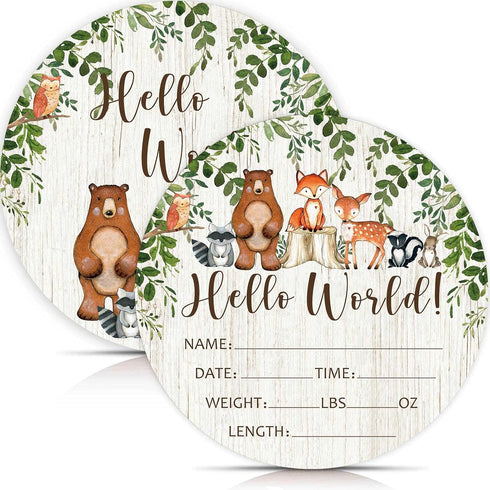 Yuzioey Birth Stat Sign for Newborn, Woodland Animals Baby Announcement, Forest Hello World