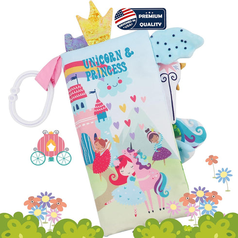 Unicorn Crinkle Touch and Feel Book - Infant Toy with Rattle and Teether