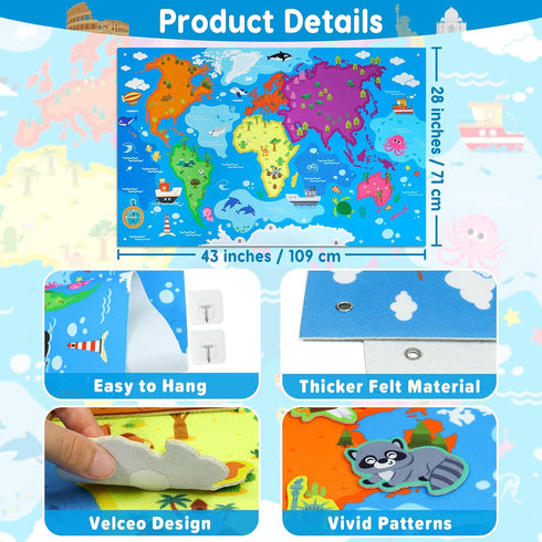 Taika Set, Set, 43x28 inch 4+ World Felt Felt World Map with World Famous Sights, Educational Play Mat Flannel Board