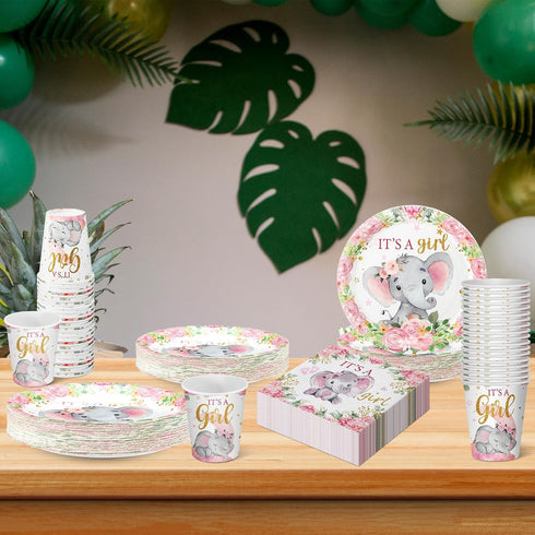 Hushee 200 Pcs Pink Elephant Baby Shower Party Supplies - Paper Plates, Napkins & Cups for 50 Guests