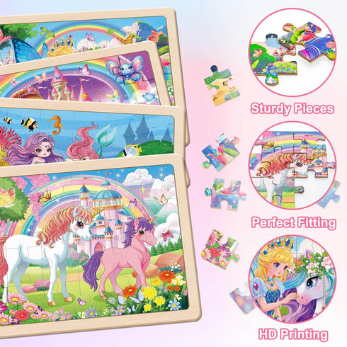 OGYZW 4-6, 4 Packs 24 3 4 5 6 Puzzles for Kids Ages Pcs Unicorn Princess Mermaid Wooden Jigsaw Puzzles, Preschool