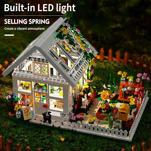 Set 8-12 Flower House Building Mini with LED, City Street View Greenhouse Building Blocks Toy, Valentine Xmas Gift