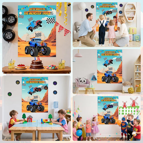 PLULON Pin The Wheels on The Truck Party Game for Kids, Birthday Pin The Tail Games Big Poster with Tyres Stickers