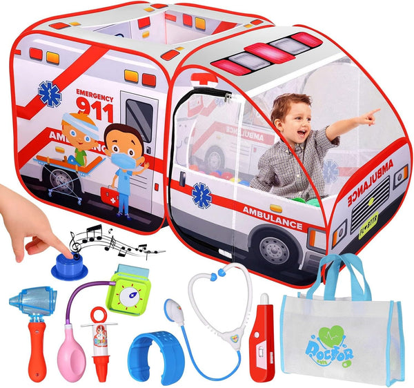 Ambulance Pop-up Play Tent for Kids with Sounds, Doctor Kit & Ball Pit, Easy Setup Indoor & Outdoor Emergency Vehicle