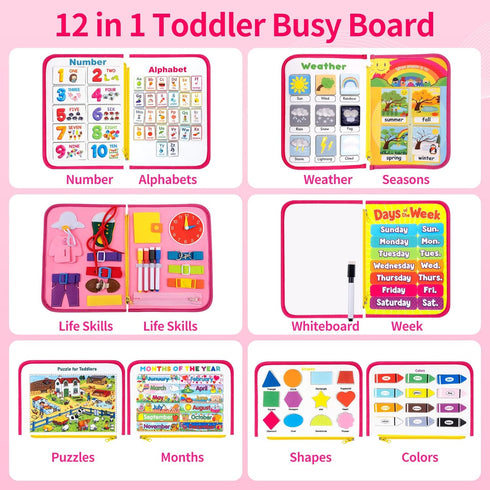 12-Page Toddler Busy Board Montessori Toys, Busy Book for Kids, Quiet Educational Activity Book, Learning Sensory Toys