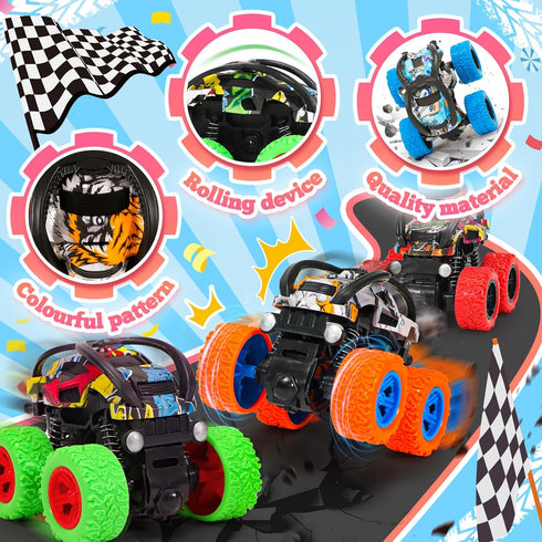 Monster Truck Toys for Boys, 4 Pack Push and Go Flip Stunt Pull Back Cars, Race Cars Party Favors, Birthday Gifts