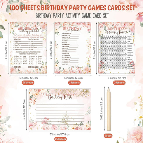 Fumete Birthday Party Games - 100 Pcs Who Knows The Birthday Girl Game with 20 Pencils, Girly Birthday Cards Set for