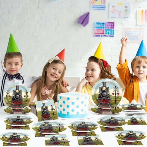96 Set 24 Pcs Train Paper Plates and Napkins Party Supplies Steam Train Birthday Disposable Tableware Retro Trains