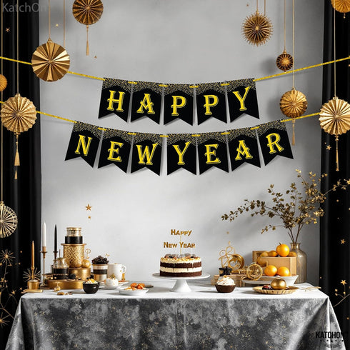 KatchOn Gold and Black Happy New Year Banner - Large 10 Feet Glitter Backdrop for New Years Eve Party Supplies