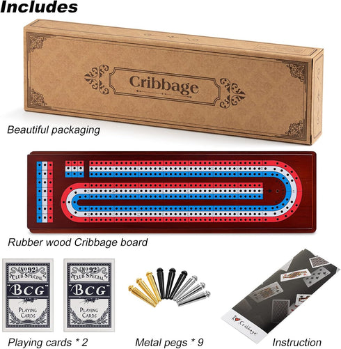 Set 3 9 2 Sets Cribbage Board Game with Large Storage Area, Solid Wood Track Cribbage Board, Metal Pegs, Playing Cards