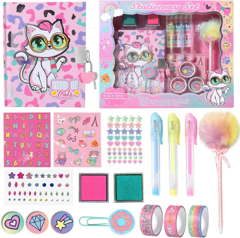 YOYTOO Set 5 6 7 8 9 10 Cat Diary for Girls with Lock, Cat Stationery with Secret Diary, Stamps, Pens, Journal Notebook