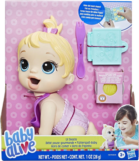 Baby Alive Lil Snacks Doll, Eats and Poops, Snack-Themed 8-Inch Baby Doll, Snack Box Mold, Toy for Kids Ages 3 and Up, Blonde Hair