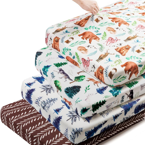 Jola's House 4 Pack N Play Sheets Woodland Forest Animals Wood Neutral Unisex Fitted