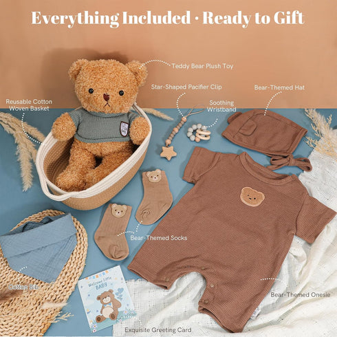 StoFurry 9PCS Set Baby Boy Gift Basket | Baby Boy Gifts for Baby Shower | Newborn Essential with Teddy Bear Outfit