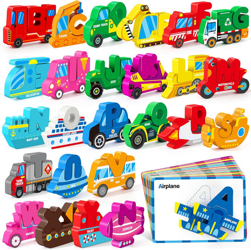52 Vanmor Wooden Vehicle Alphabet Puzzle for Toddlers, Traffic ABC Letter Sight Words Matching Game with Blocks