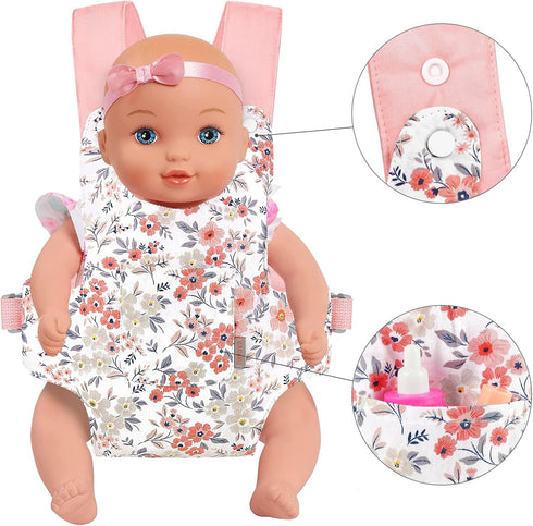 GAGAKU Baby Doll Carrier for Toddler, American Girl Bitty Baby Doll Accessories Holder, Pink Wax Flowers Stuffed Animals