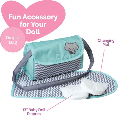 2 13" 3+ Adora Baby Doll Diaper Bag with Sturdy Straps, Includes Changing Mat and Doll Diapers (Fits Dolls), for Ages