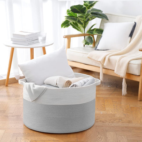 XXXL Large Cotton Rope Basket - 22" X 14" Blanket Basket for Living Room, Kids Toy Storage, Giant Woven Organizer