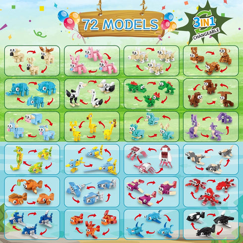 24 Pack Set 72 14+ HIGH GODO Party Favors Building - Kinds of Animals Building Blocks Toys Goodie Bag Stuffers Party