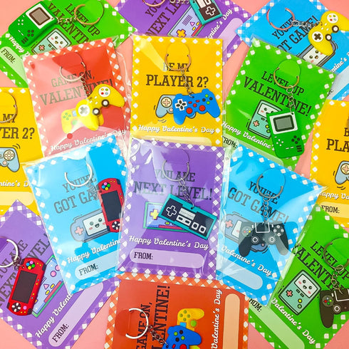 Valentines Day Gifts Cards for Kids Classroom - 30 Pack Video Games Keychains with Class Exchange Cards