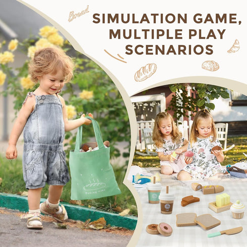 17 Playset 3+, PCS Wooden Bakery Toy Food for Kids, Pretend Picnic Play Food for Toddlers Play Kitchen Accessories