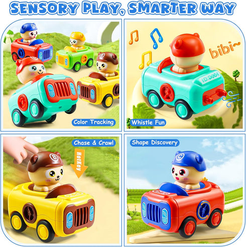 1-3, 4PCS Set 12-18 1st 1-2 Keamaidy Baby Car Toys for Toddler Press to Go Push Car, Infant Play Whistle Vehicle Toy