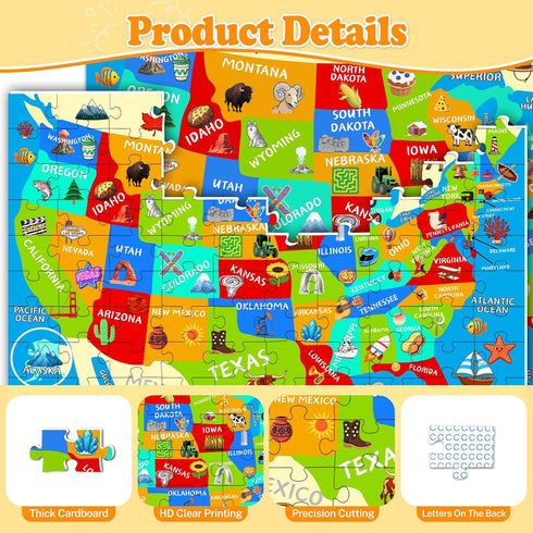 Kazmido 4 Packs 100 4-6 6-8 8-10, 3-5 4-6 5-8, 100 15"x10" Piece Puzzles for Kids Ages USA World Map Kids Puzzles Ages