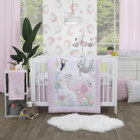 Little Love by NoJo Sloth Fitted Crib Sheet - Tropical Garden Design in Pink, Grey, and White