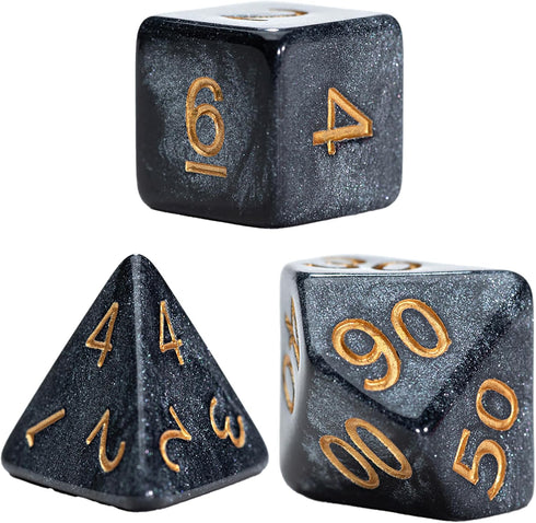 Gate Keeper Games and Dice: Mercurial Dice - 7pc RPG Set, Deep Shimmering Black Resin & Gold Numerals