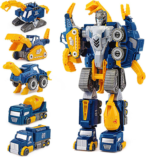 Toddler Construction Car Transform Set, 5pcs Dinosaur Rescue Robot with Magnetic Connectors,