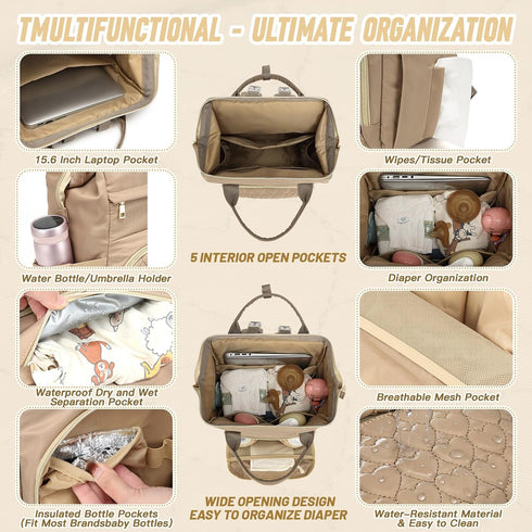 Xocvji Backpack Backpack Diaper Bag with Portable Changing Pad, Large Wide-Open Baby Diaper Bag with Insulated Pockets