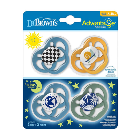 Symmetrical Bulb, 6-18m, 4 Pack Dr. Brown's Advantage Glow-in-The-Dark Baby Pacifier, Fully Soother with Soft Silicone