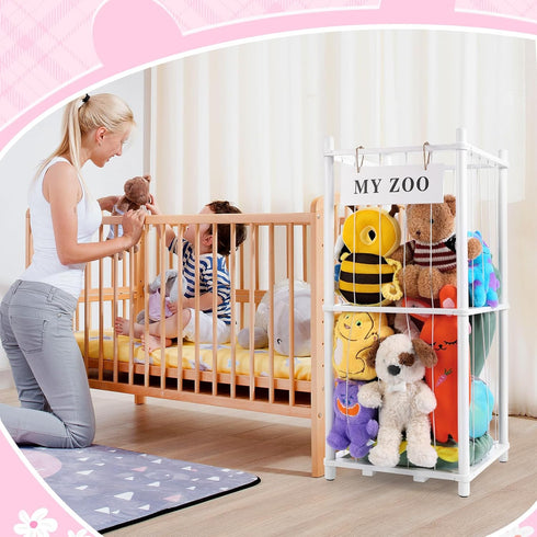 GLDZI Stuffed Animal Storage Zoo, Wooden Stuffed Animal Organizer with Elastic Cords for Boys Girls, Space Saving Toy