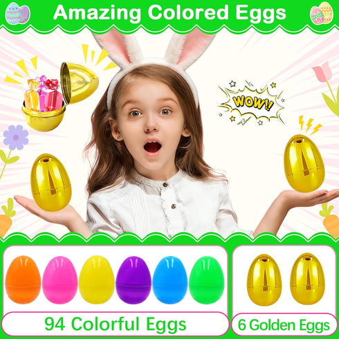 100 2.4" 6 PCS Plastic Easter Eggs with Golden Eggs, Empty Fillable Bright Colorful Eggs for Kids Boys Girls Easter