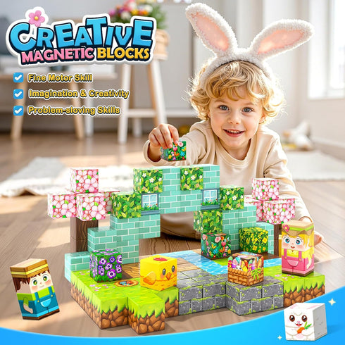 108PCS 1 inch 3+ Magnetic Blocks Kids Magnet Toys, Large Building Cubes with Puzzle Panel, Mine Magworld Easter Bunny