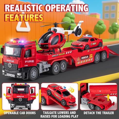 3 4 5 6 22" Fire Truck Toys for Toddler Boy Year Old, Carrier Truck Toy with Racing Car and Helicopter, Big Firetruck