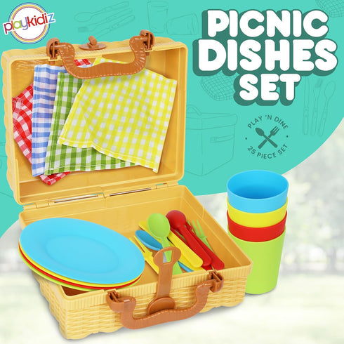 25 Set Playset, 3+ Kids Picnic Basket Toy Dishes, Piece Plastic Tea Party - Colored Pretend Play Dishes Toddlers