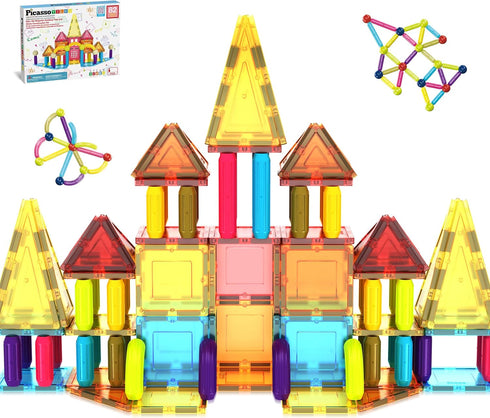 PicassoTiles 82 Piece Magnetic Sticks and Magnet Tiles Construction Building Block Toys