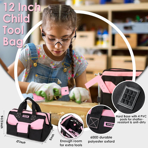 26-Piece Set, 12" 6+, SHALL Kids Size Tool Pink Real Tools for Kids with Tool Bag, Safety Certified Children Learning