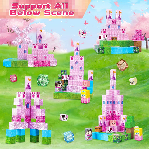 100PCS Sets, 3 4 5 6 7 8-12 Magnetic Blocks - Magnetic Building Block for Kids, Build Pink Princess Castle Magnet Cubes
