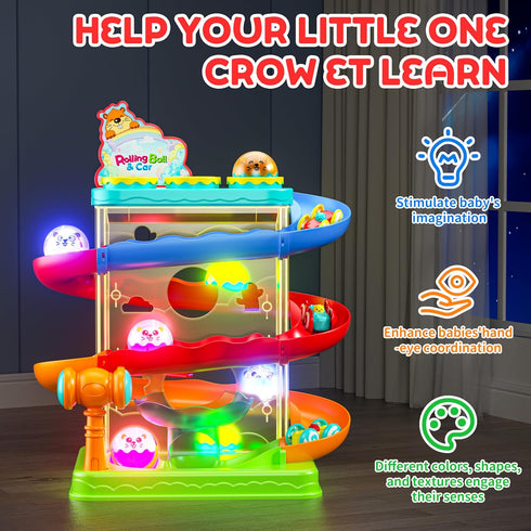 2-in-1 Hammer 1-5+ Rolling Ball & Car Ramp Race Track for Toddlers, Ball Drop Toy for Boys & Girls, Interactive Toys