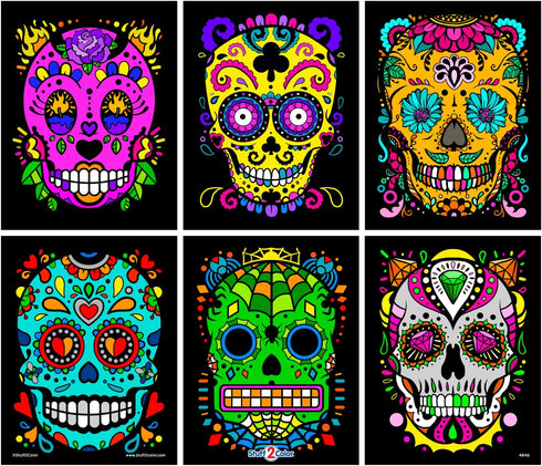 Stuff2Color Sugar Skulls Fuzzy Velvet Halloween Coloring Posters, 6 Pack for Day of The Dead Activity